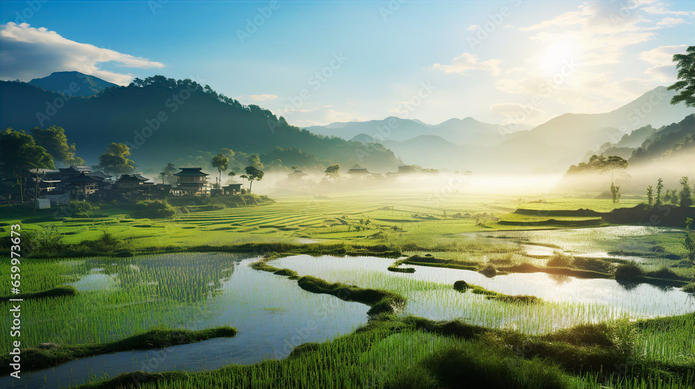 Chinese idyllic landscape with farmers growing rice. Beautiful country side at sunrise