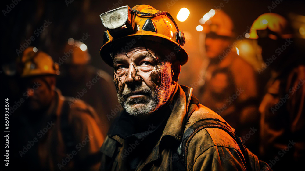 Portrait of coal Miner in mine tunnel, heavy and dangerous job, health and environmental concept Portrait of coal Miner in mine tunnel, heavy and dangerous job, health and environmental concept