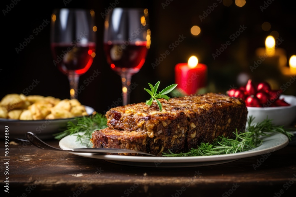 Vegetarian Christmas dinner with nut roasted. Close up. Traditional dish for Xmas. Vegetarian Christmas dinner with nut roasted. Close up. Traditional dish for Xmas.