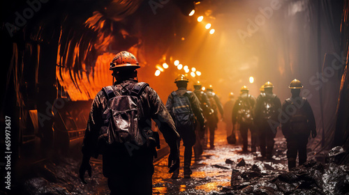 Portrait of coal Miner in mine tunnel, heavy and dangerous job, health and environmental concept photo