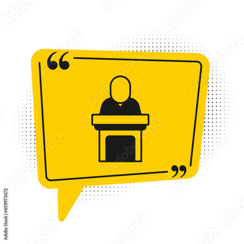 Black Church pastor preaching icon isolated on white background. Yellow speech bubble symbol. Vector