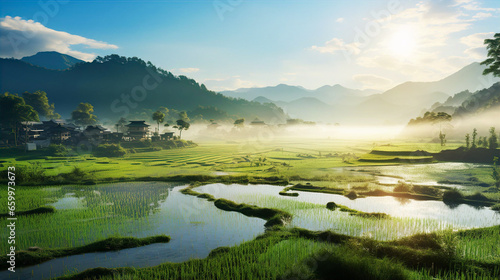 Chinese idyllic landscape with farmers growing rice. Beautiful country side at sunrise © IRStone