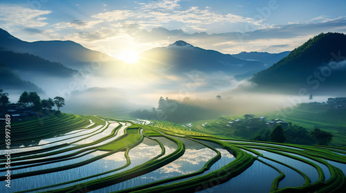 Chinese idyllic landscape with farmers growing rice. Beautiful country side at sunrise