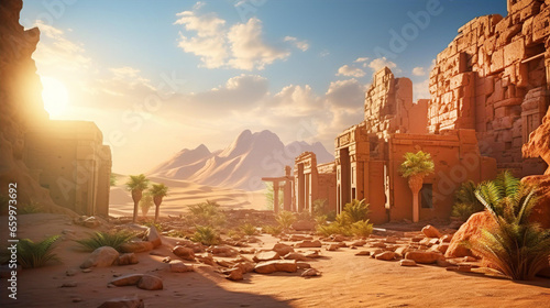Beautiful ruins of ancient temples in Jordan of Egyptian desert. Temples with columns at sunset, travel and history concept 