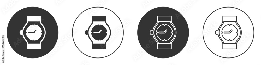 Black Wrist watch icon isolated on white background. Wristwatch icon. Circle button. Vector