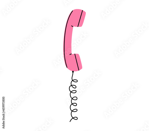 Hand drawn cute cartoon illustration of pink retro phone handset. Flat vector old telephone with dial sticker in simple colored doodle style. Call device icon or print. Isolated on white background.