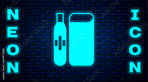 Glowing neon Electronic cigarette icon isolated on brick wall background. Vape smoking tool. Vaporizer Device. Vector