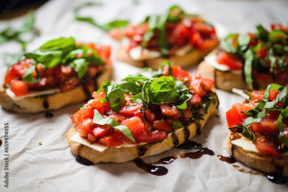 freshly prepared bruschetta on parchment paper, each topped with a basil leaf