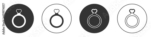 Black Wedding rings icon isolated on white background. Bride and groom jewelry sign. Marriage symbol. Diamond ring. Circle button. Vector