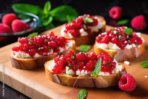 slices of bruschetta garnished with whole raspberries and mint