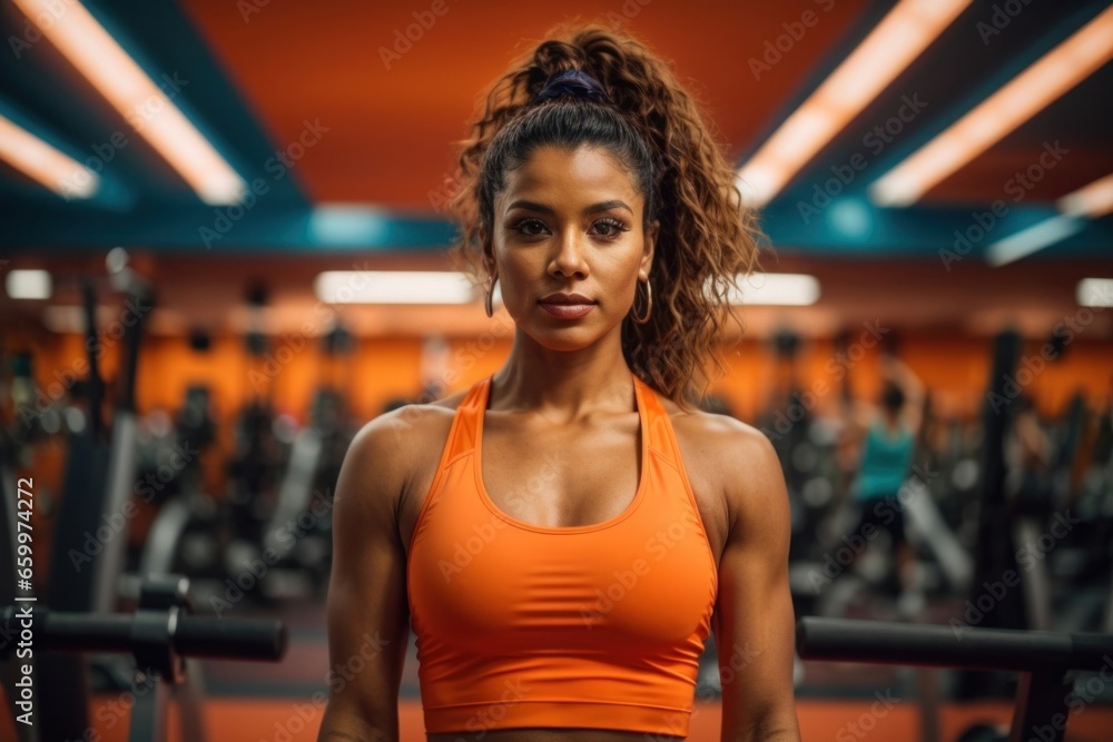 portrait beautiful woman showing her strong healthy body in gym,AI generated