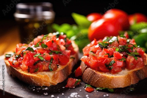 duo of bruschetta with whole and crushed garlic beneath