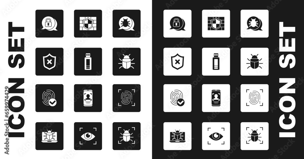 Set System bug, USB flash drive, Shield with cross mark, Cyber security, brick wall, Fingerprint and icon. Vector Set System bug, USB flash drive, Shield with cross mark, Cyber security, brick wall, Fingerprint and icon. Vector