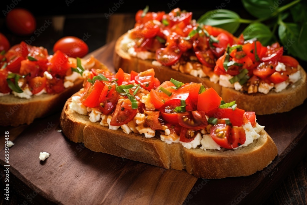 french loaf slices topped with goat cheese and diced tomatoes french loaf slices topped with goat cheese and diced tomatoes