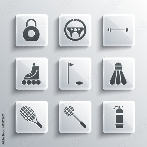 Set Tennis racket  Aqualung  Badminton shuttlecock  Golf flag  Roller skate  Kettlebell and Barbell icon. Vector