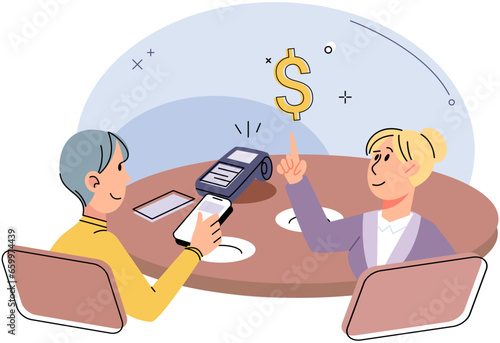 Cashless payment by mobile phone in cafe. Customer paying for coffee with smartphone, using contactless wireless POS-terminal and NFC technology. Modern digital payment system for client in restaurant