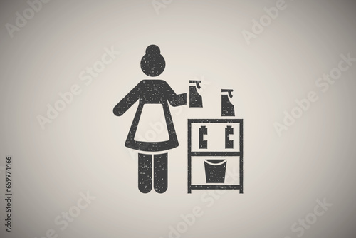 Cleaner, hotel, services, maid icon vector illustration in stamp style