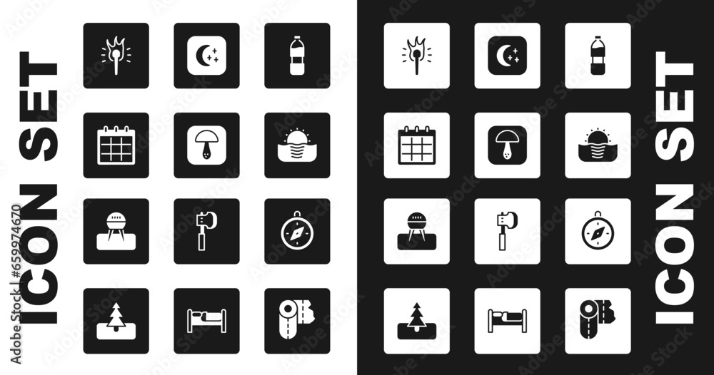 Set Bottle of water, Mushroom, Calendar, Torch flame, Sunrise, Moon and stars, Compass and Barbecue grill icon. Vector Set Bottle of water, Mushroom, Calendar, Torch flame, Sunrise, Moon and stars, Compass and Barbecue grill icon. Vector