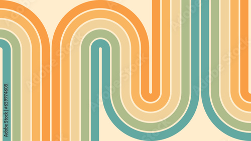 Abstract background of rainbow groovy Wavy Line design in 1970s Hippie Retro style. Vector pattern ready to use for cloth, textile, wrap and other.