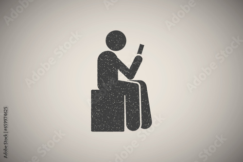 Man, sit down, use phone icon vector illustration in stamp style