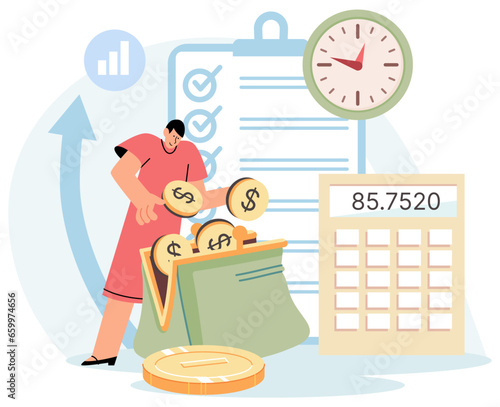 Analysis of personal or corporate budget concept vector. Financial accounting and calculation of money income and expenses. Retirement investments, pension fund. Woman putting coins in purse