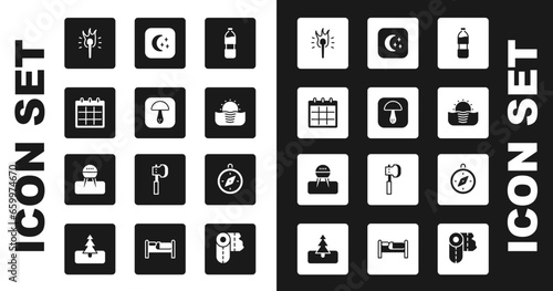 Set Bottle of water, Mushroom, Calendar, Torch flame, Sunrise, Moon and stars, Compass and Barbecue grill icon. Vector