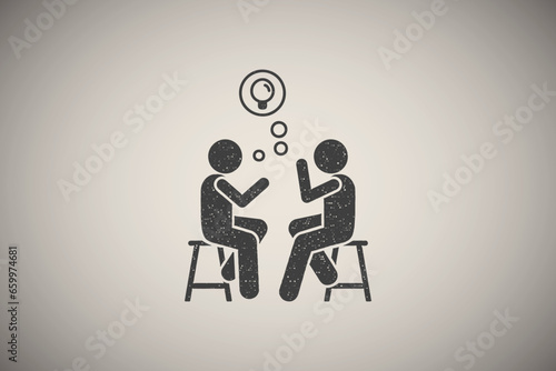 Men speaking about new idea icon vector illustration in stamp style