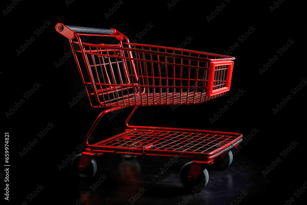 Red shopping cart on black background. Black Friday and Cyber Monday concept. AI generated.