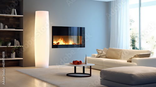 Modern electric infrared heater in Scandinavian style living room interior. Electric infrared heater for cold season, home appliances.