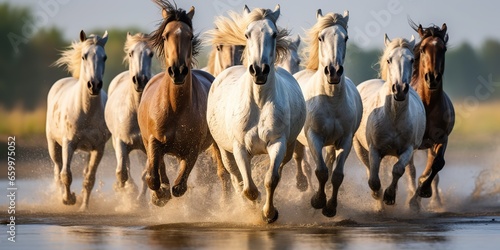AI Generated. AI Generative. Group of horses running outdoor nature background. Wild life animal decoration. Graphic Art
