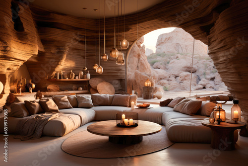Interior of a modern living room in the style of the desert in beige colors photo