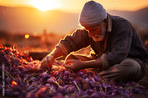 Farmer harvesting saffron flowers, picking spice on the plantation, work on the agricultural farmland photo