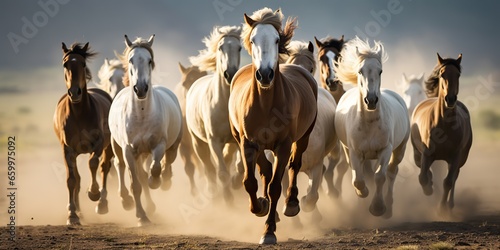 AI Generated. AI Generative. Group of horses running outdoor nature background. Wild life animal decoration. Graphic Art