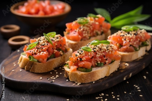 bruschetta with pickled ginger and sesame seeds atop