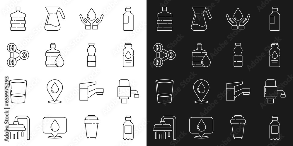 Set line Bottle of water, Mechanical pump for, Washing hands with soap, Big bottle clean, Chemical formula H2O, and icon. Vector Set line Bottle of water, Mechanical pump for, Washing hands with soap, Big bottle clean, Chemical formula H2O, and icon. Vector