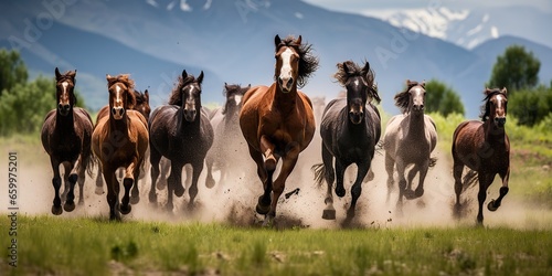 AI Generated. AI Generative. Group of horses running outdoor nature background. Wild life animal decoration. Freedom and power symbol