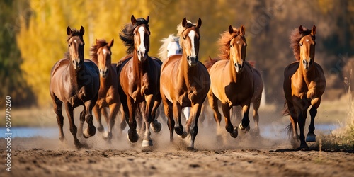 AI Generated. AI Generative. Group of horses running outdoor nature background. Wild life animal decoration. Freedom and power symbol