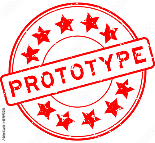 Grunge red prototype word with star icon round rubber seal stamp on white background