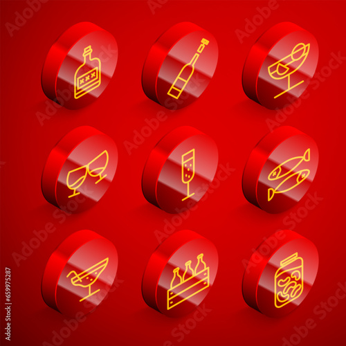 Set line Alcohol drink Rum bottle, Opened of wine, Cocktail, Glass cognac or brandy, champagne, Dried fish, and Bottles wooden box icon. Vector
