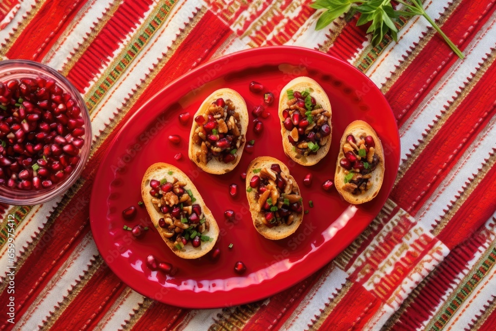 overhead shot of bruschetta with pomegranate seeds on a red tablecloth overhead shot of bruschetta with pomegranate seeds on a red tablecloth