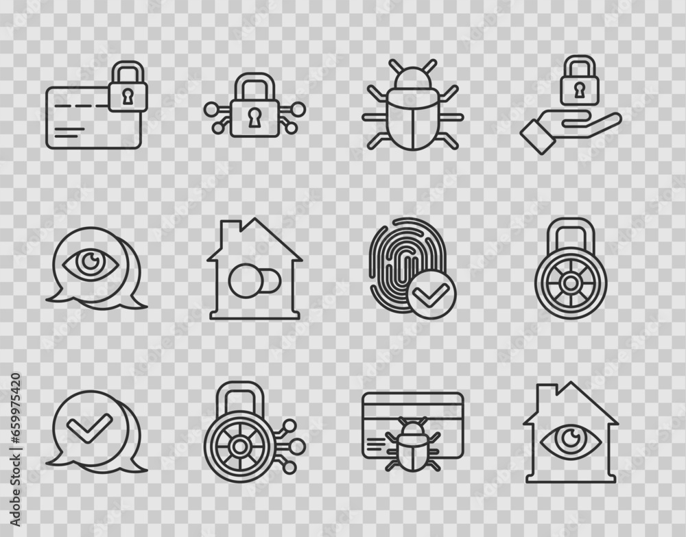 Set line Check mark in speech bubble, House with eye scan, System bug, Cyber security, Credit card lock, Smart home, credit and Safe combination icon. Vector Set line Check mark in speech bubble, House with eye scan, System bug, Cyber security, Credit card lock, Smart home, credit and Safe combination icon. Vector