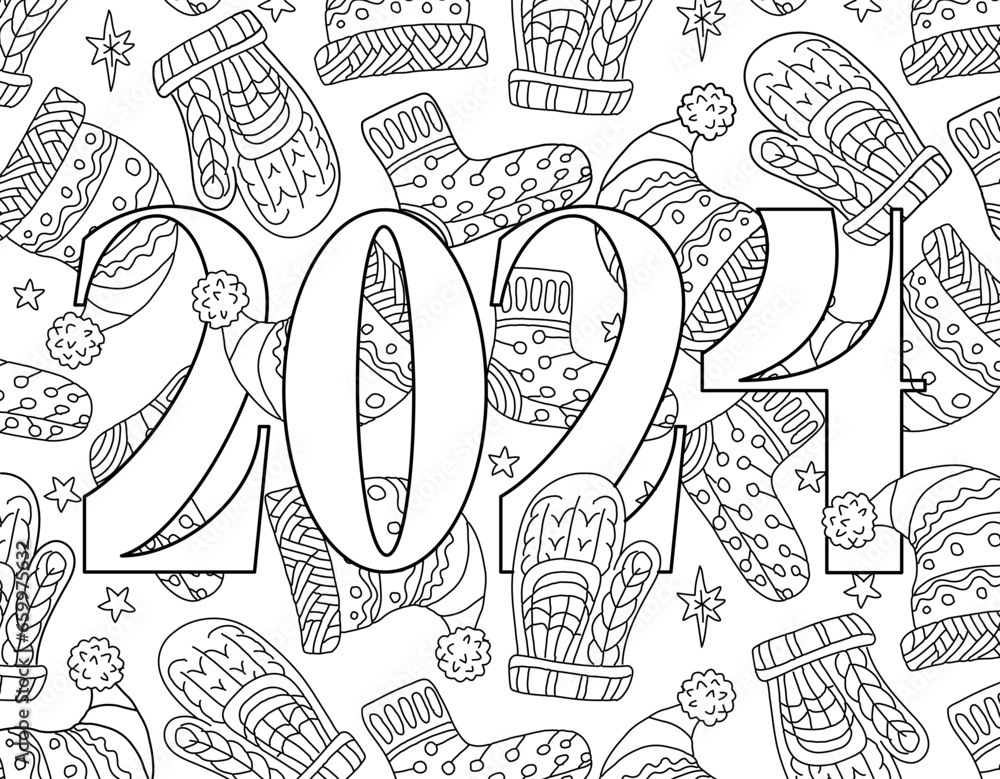 Obraz premium Hand drawing coloring page for kids and adults. Holiday greeting card Happy New Year 2024, Merry Christmas. Beautiful drawing with patterns and small details. Children Colouring book pictures. Vector