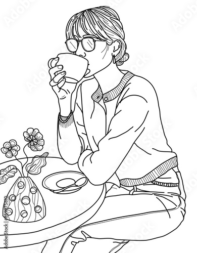 Sketch for adult coloring book. Vector illustration, beautiful girl  drinking coffee. Black and white, Vector illustration. Design for decoration, sticker, pattern, and more. Fashion coloring pages