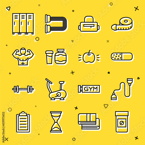 Set line Anabolic drugs, Chest expander, Vitamin pill, Sport bag, Sports nutrition, Bodybuilder muscle, Locker changing room and Apple icon. Vector