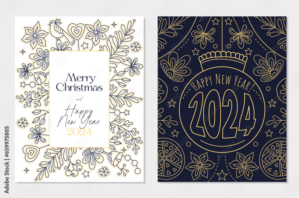 2024 Happy New Year, Merry Christmas Corporate Holiday cards and invitations. Abstract frames and backgrounds design. Christmas greeting cards template, ornate frames. Modern artistic templates.