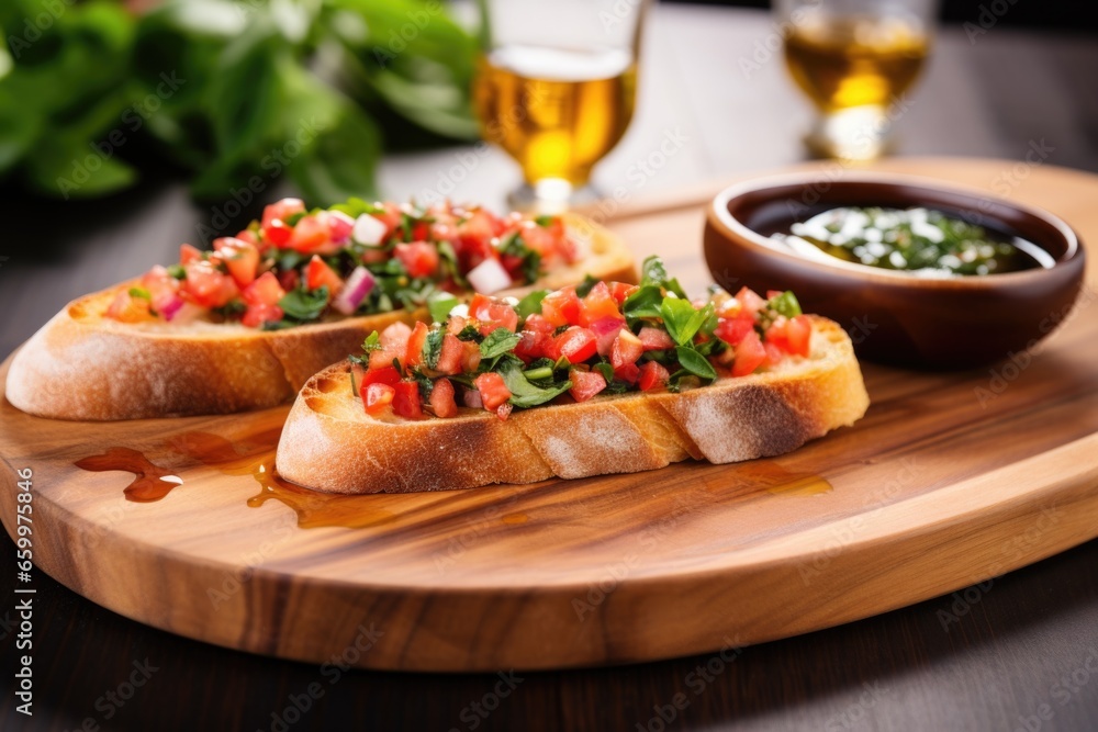 single bruschetta on wooden serving platter with small ramekin of olive oil single bruschetta on wooden serving platter with small ramekin of olive oil