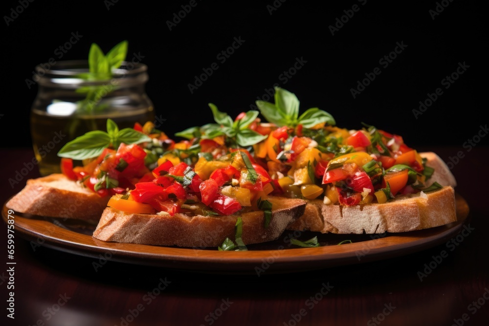 bruschetta on a transparent plate, lighting highlighting peppers colors