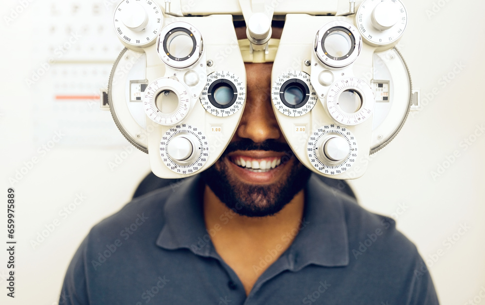 Eye test, face or happy man consulting to help eyesight at optometrist for a optical assessment. Optometry, wellness or customer in clinic for vision, iris or retina health with machine or phoropter - obrazy, fototapety, plakaty 