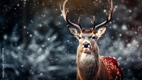 Christmas Card with Deer in Snowy Forest © ZEKINDIGITAL