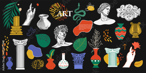 Ancient sculptures and modern art. Pillars, bust, harp, column, vases, amphoras, snake. Classic art elements and Abstract shapes sticker pack. Groovy retro 90s style Collection. Collage creator.